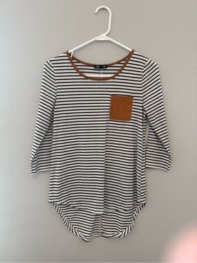 Striped Black & White Long-Sleeve Tee with Brown Pocket Trim